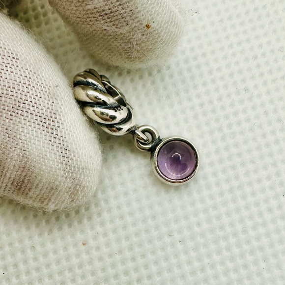 EUC Pandora 790435AM Sterling Silver Amethyst Disk Dangle Charm - Picture 7 of 13